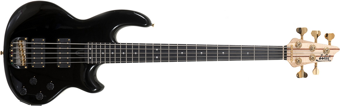 5-string Mk2 with gloss black body finish, an ebony fingerboard and gold hardware.