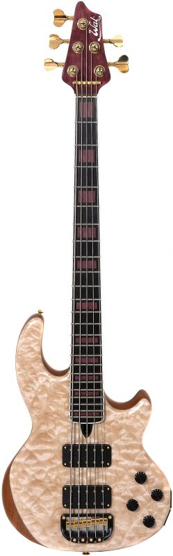 5-string Mk2 with quilted maple facings, a fretted ebony fingerboard with purpleheart block inlays, purpleheart headstock veneer and gold hardware.